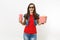 Portrait of young laughing attractive woman in 3d imax glasses watching movie film, holding bucket of popcorn and