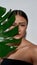 Portrait of a young magnificent half-naked asian girl in a black top face half-hidden with a monstera leaf