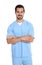 Portrait of young male doctor in  on white background. Medical service