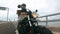 Portrait of young man in helmet riding motorcycle