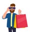Portrait of young man holding shopping bags. Person looking through binoculars. Male character illustration. Modern lifestyle.
