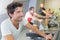 Portrait young man during indoor cycling activity