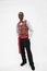 Portrait of young man in plaid vest and red bow tie, traditional clothing from Africa, studio shot