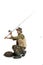 Portrait of young man, professional fishman with fishing rod, spinning and equipment going to river isolated over white