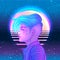 Portrait of a young pretty androgynous woman with short shaved pixie undercut in retro futurism style. Vector illustration in neon