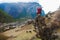 Portrait Young Pretty Girl Wearing Red Jacket Himalays Mountains.Asia Nature Morning Viewpoint.Mountain Trekking,View