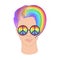 Portrait of a young pretty woman with short pixie haircut. Rainbow colored hair and hippie sunglasses. LGBT concept