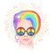 Portrait of a young pretty woman with short pixie haircut. Rainbow colored hair and sunglasses. LGBT concept. Vector illustration