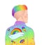 Portrait of a young pretty woman with short shaved pixie undercut. Rainbow LGBT symbols as pins or patches on her back
