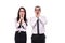Portrait of young shocked business colleagues couple isolated over white wall background