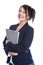 Portrait of young smiling business woman holding documents.