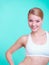 Portrait of young sporty woman fit fitness blond girl