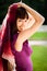 Portrait of young woman with bordeaux shawl