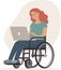 Portrait of a young woman with disabilities sitting in wheelchair using laptop computer