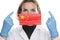 Portrait of a young woman doctor with medical protective mask with the image of the flag of China. Crisis, quarantine, recession