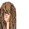 Portrait of young woman dreadlocks gesturing with finger hand