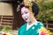 Portrait of young woman dressed as Geisha in traditional dress
