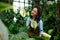 Portrait of young woman gardener admiring blooming callas