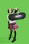 Portrait of young woman holding boom box over green background