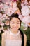 Portrait of young woman in park with blooming sakura trees