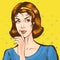 Portrait of a young woman showing silence Shhh sing with finger, pop art retro comic style illustration