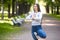 Portrait of young woman standing in yoga tree pose