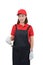 Portrait of young woman worker smiling in red uniform with apron, glove hand holding Shoveling fork isolated on white backround