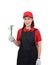 Portrait of young woman worker smiling in red uniform with apron, glove hand holding Shoveling fork isolated on white backround