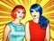 Portrait of young women in comic pop art make-up style. Females in red and blue wigs