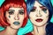 Portrait of young women in comic pop art make-up style. Females in red and blue wigs on blue background