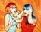 Portrait of young women in comic pop art make-up style. Shocked females in red and blue wigs