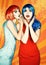 Portrait of young women in comic pop art make-up style. Shocked females in red and blue wigs