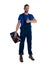 Portrait of a young workman with toolbox standing on white background