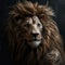 Portrait of Ð° humanoid lion in vintage brown coat on Ð° dark background. Art illustration of adult lion face with huge mane