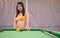 Portraits of Asian women in bikini swimsuits with snooker tables