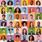 Portraits collage. Bright set of different multiracial people faces on colorful backgrounds