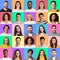 Portraits of happy multiracial millennial people posing on colorful backgrounds