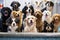 Portraying dogs of different breeds being playfully washed and dried in a daycare spa setting, emphasizing cleanliness and