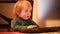 Portret funny baby toddler blonde boy at computer