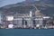 Portside Plant for storage, drying and handling of grain. Port freight infrastructure. Cargo port with port cranes. Sea bay and mo