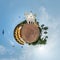 portugal catholic church in jungle among palm trees in Indian tropic village on little planet in blue sky, transformation of