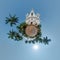 portugal catholic church in jungle among palm trees in Indian tropic village on little planet in blue sky, transformation of