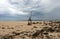 Portugal. Ilha deserta. Sand with branch and sea on blue sky background, horizontal view. South point of Portugal.