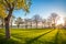 Portugal, Lisbon, the Tagus River Embankment. Sunset on the lawn with green grass among the trees.