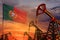 Portugal oil industry concept. Industrial illustration - Portugal flag and oil wells with the red and blue sunset or sunrise sky