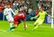 Portugal striker Andre Silva against Chile centre-back Gonzalo Jara and goalkeeper Claudio Bravo during FIFA Confederations Cup