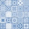 Portugal tile. Spanish square floor and wall covers. Blue and white ornamental arabesque pattern. Geometric patchwork