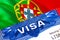 Portugal Visa in passport. USA immigration Visa for Portugal citizens focusing on word VISA. Travel Portugal visa in national