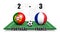 Portugal vs France . Soccer ball with national flag pattern on perspective football field . Dotted world map background . Football