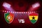 Portugal Vs Ghana Football match fixture with 3d rendering of the stadium lights in purple and ball on the back.